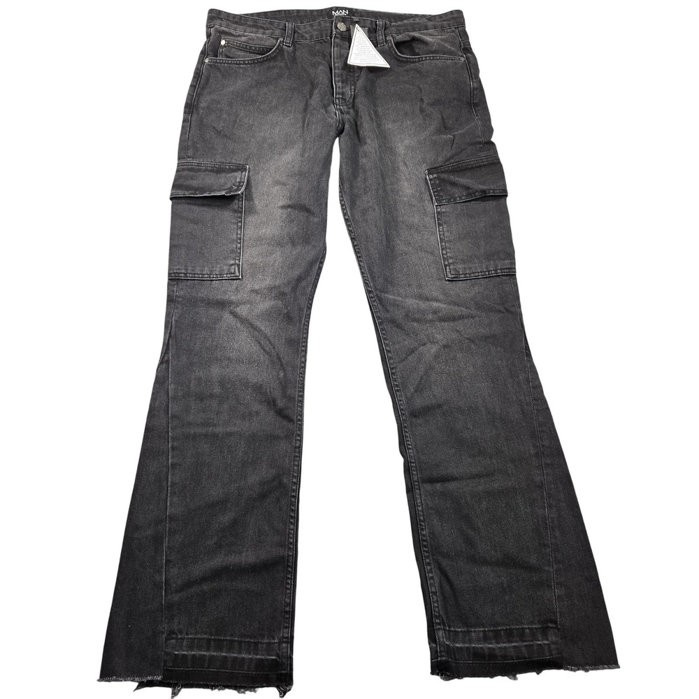 BoohooMAN Jeans Mens 36x33 Gray Dark Wash Cargo Straight Denim Raw Hem